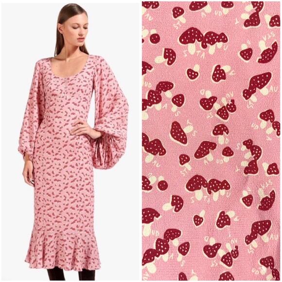 STAUD Lara Mushroom Print Midi Dress Scoop Neck Balloon Sleeve Ruffle Novelty - Picture 1 of 14